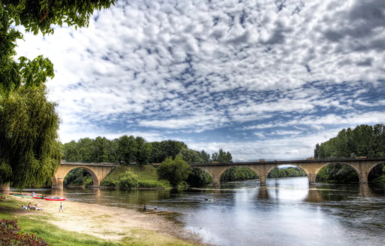 Photo wallpaper the sky, clouds, bridge, nature, photo, HDR, Aquitaine Limeuil, river France