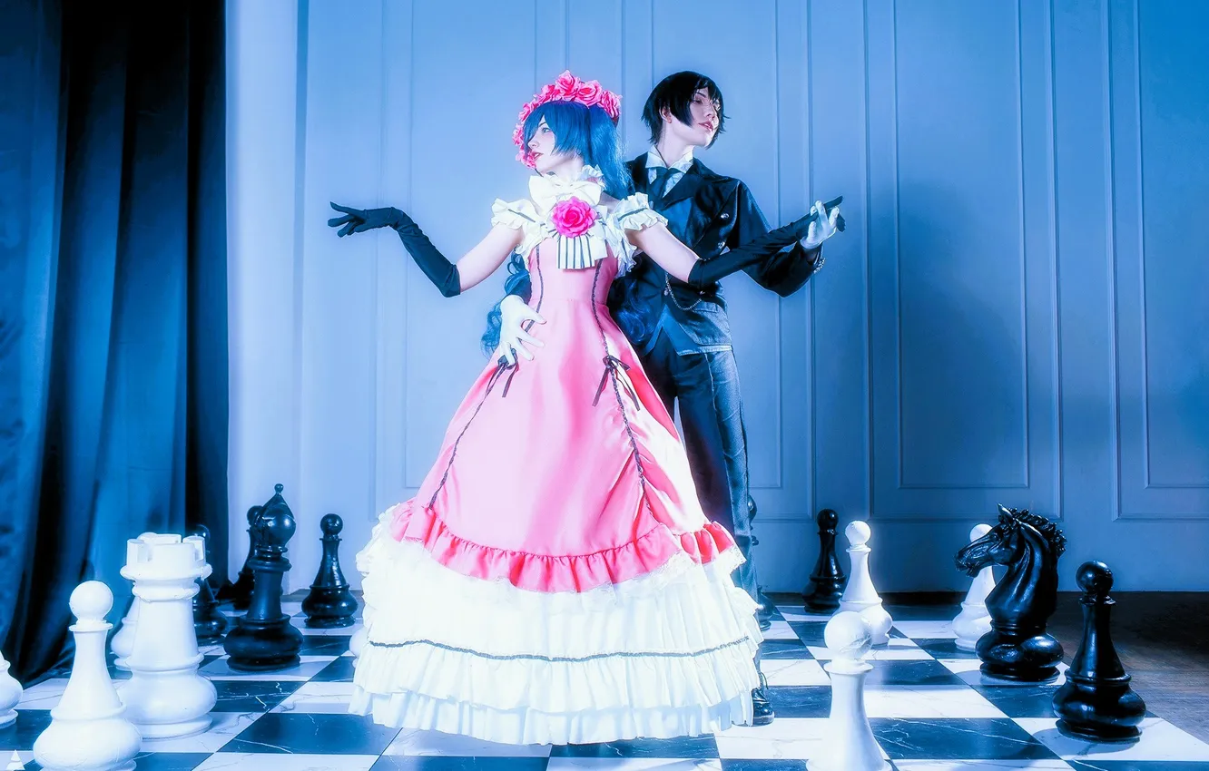Photo wallpaper dance, chess, dress, pair, cells, figure, chess Board, outfits