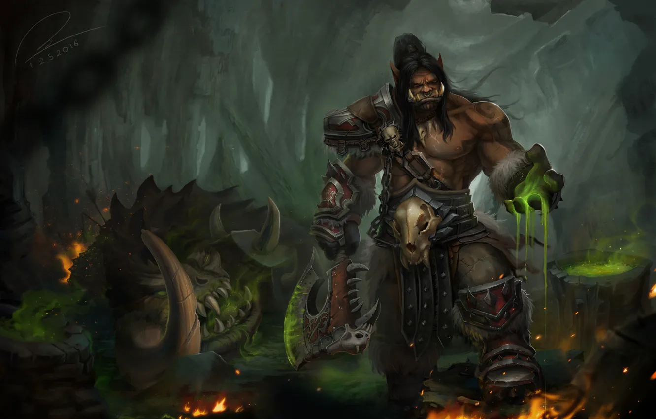 Photo wallpaper the game, fantasy, art, World of Warcraft, Orc, Grommash Hellscream, Tien Can