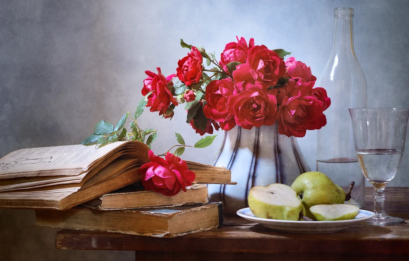 Photo wallpaper flowers, red, table, glass, bottle, roses, bouquet, book