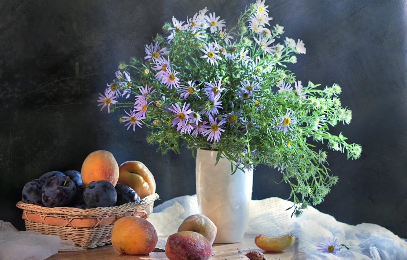 Photo wallpaper flowers, bouquet, vase, bowl, still life, apricot, drain, Still Life