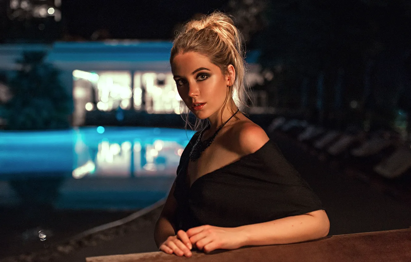 Photo wallpaper look, night, lights, pose, glare, portrait, pool, makeup