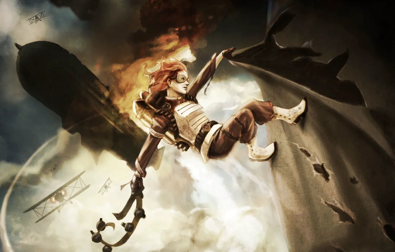 Photo wallpaper girl, the plane, fire, art, the airship, belt, battle, in the sky