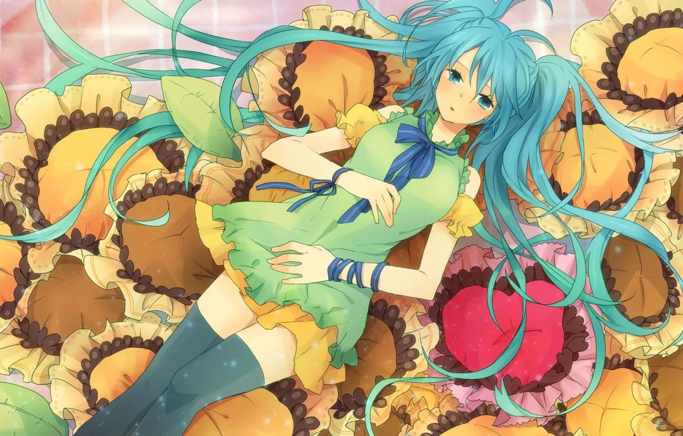 Photo wallpaper girl, sunflowers, anime, art, vocaloid, hatsune miku, Vocaloid, Hatsune Miku