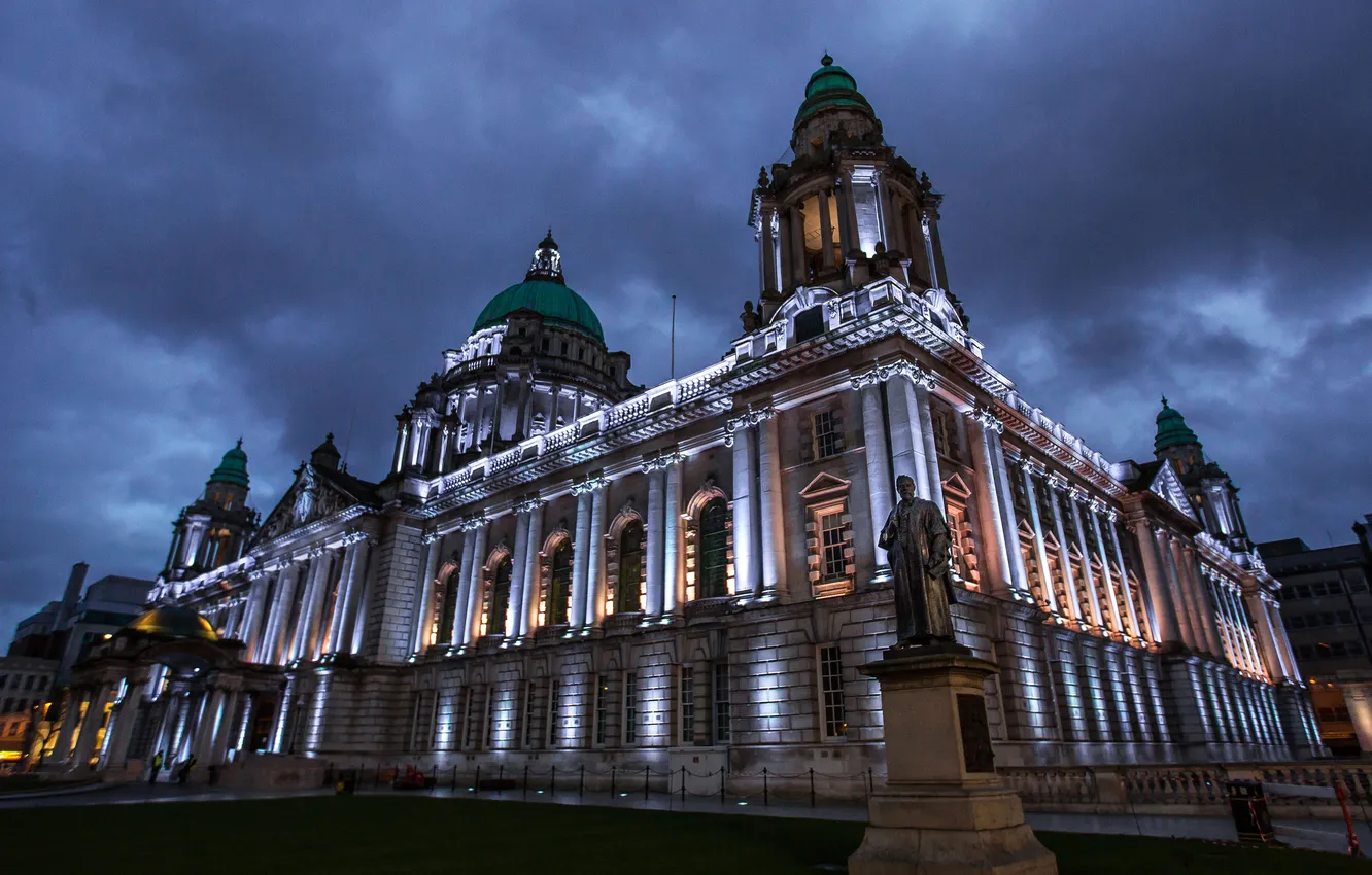 Photo wallpaper night, lights, monument, City Hall, Northern Ireland, Belfast