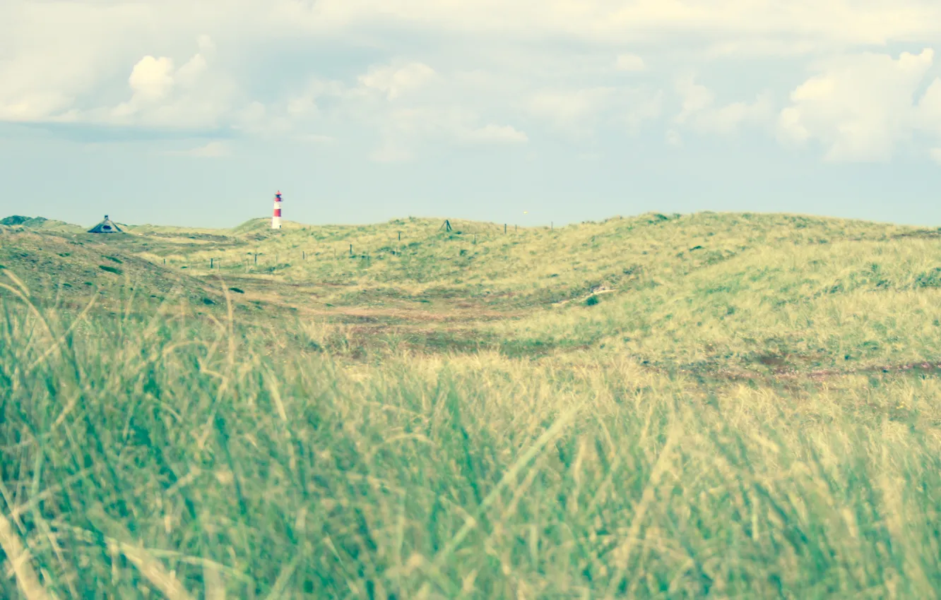 Photo wallpaper field, grass, clouds, lighthouse