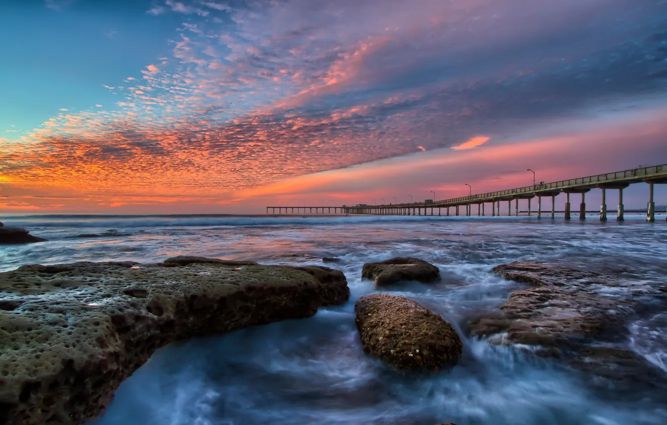 Photo wallpaper beach, ocean, sunset, pier