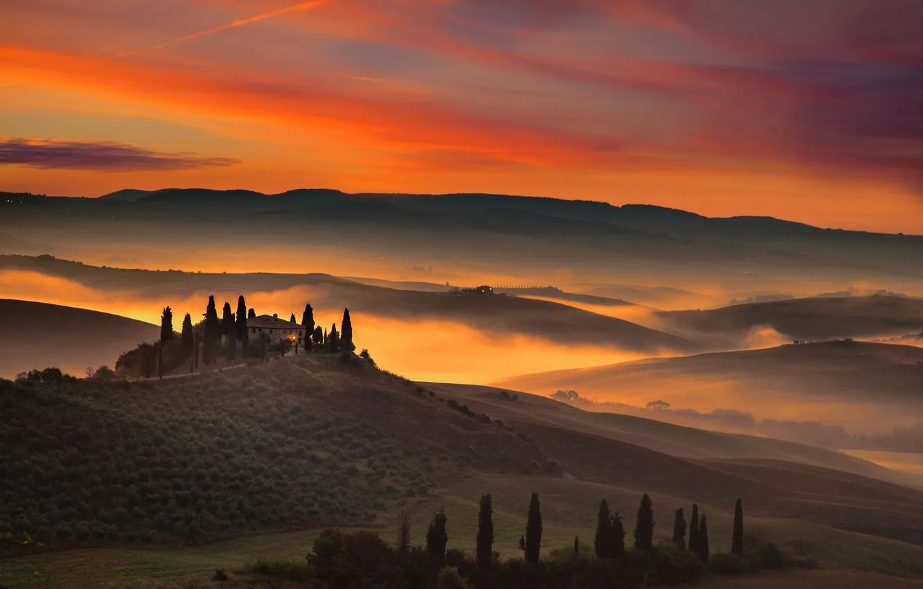 Photo wallpaper field, clouds, trees, hills, home, Italy, glow, Tuscany