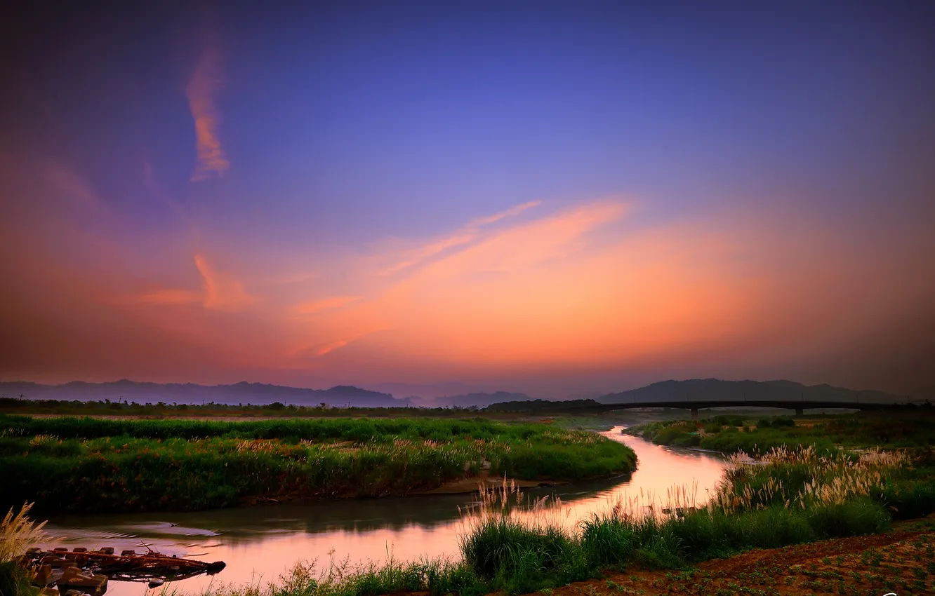 Photo wallpaper field, grass, bridge, river, Rostock, the evening, river