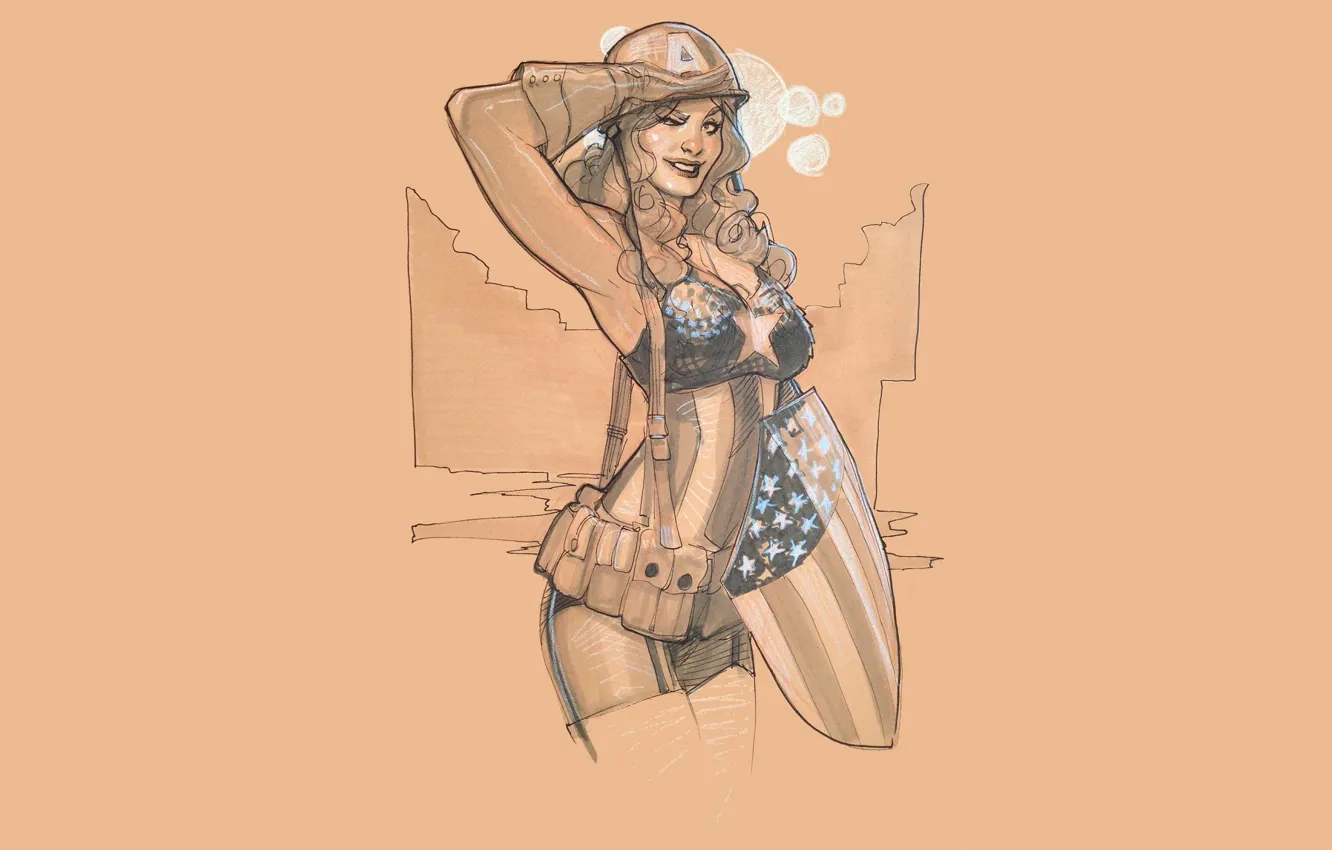 Photo wallpaper girl, art, costume, shield, Captain America, Captain America