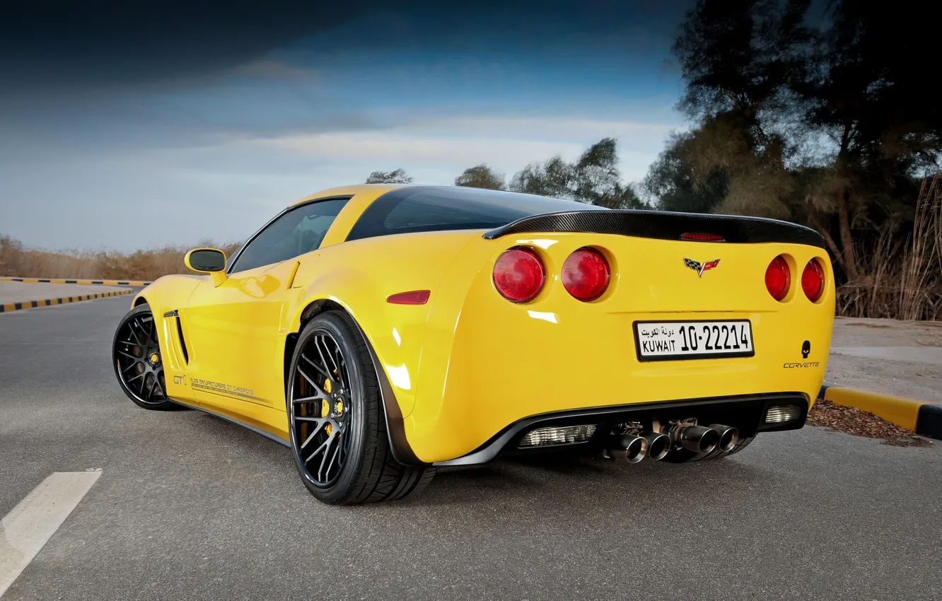 Photo wallpaper road, yellow, markup, corvette, Chevrolet, chevrolet, yellow, back