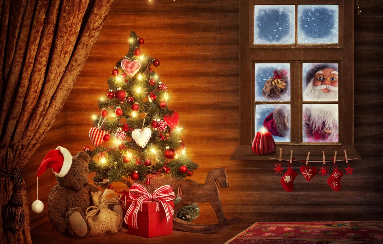 Photo wallpaper decoration, gift, tree, new year, hat, window, Christmas, bear