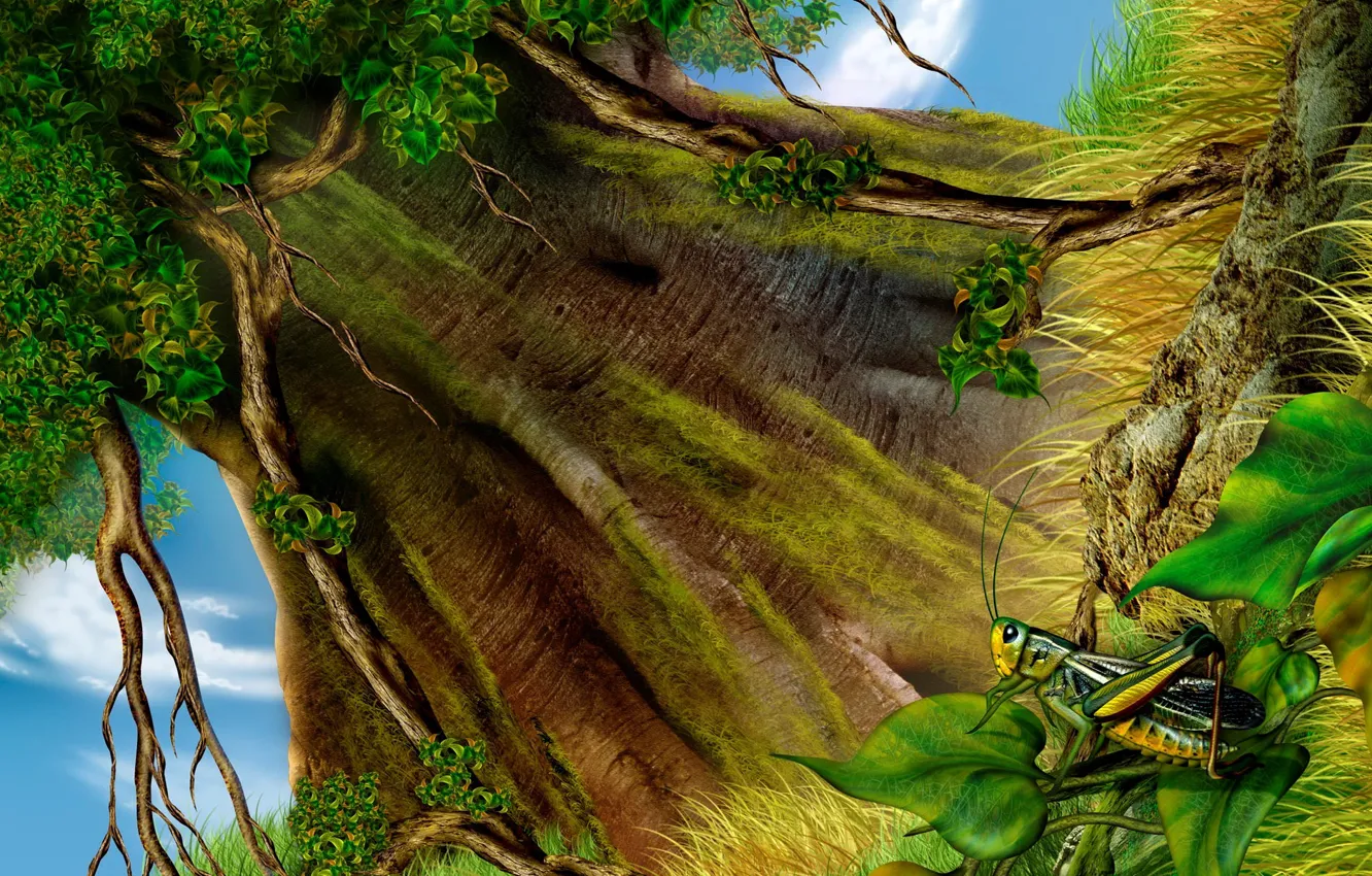 Photo wallpaper grass, trees, figure, grasshopper