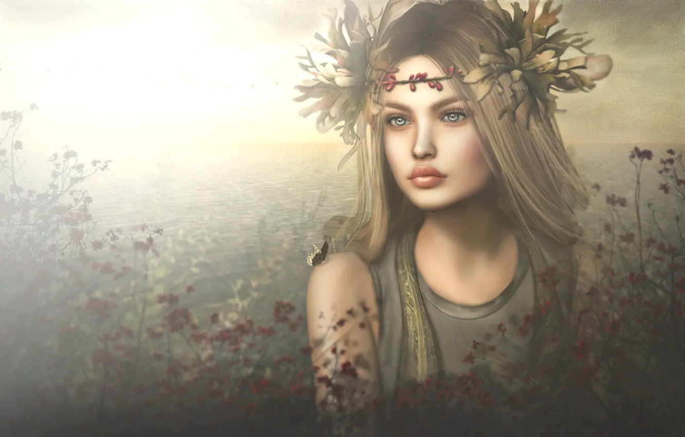 Photo wallpaper autumn, leaves, girl, wreath