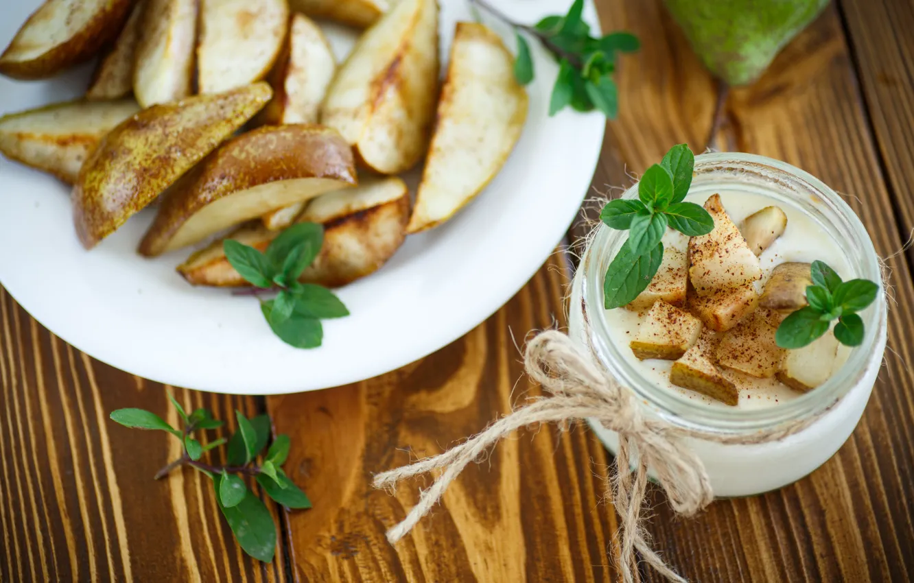 Photo wallpaper food, Breakfast, pear, mint, yogurt