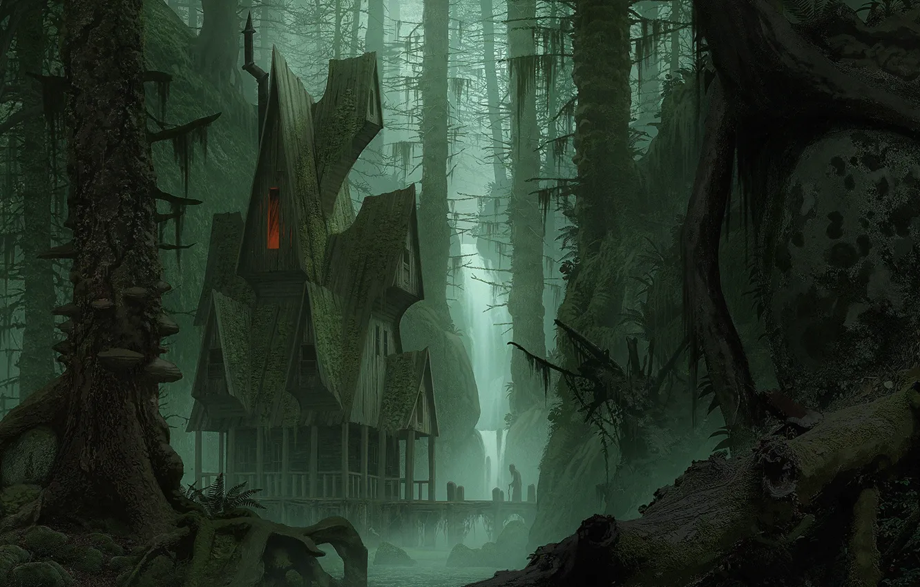 Photo wallpaper forest, mountains, fog, the bridge, Forest cabin