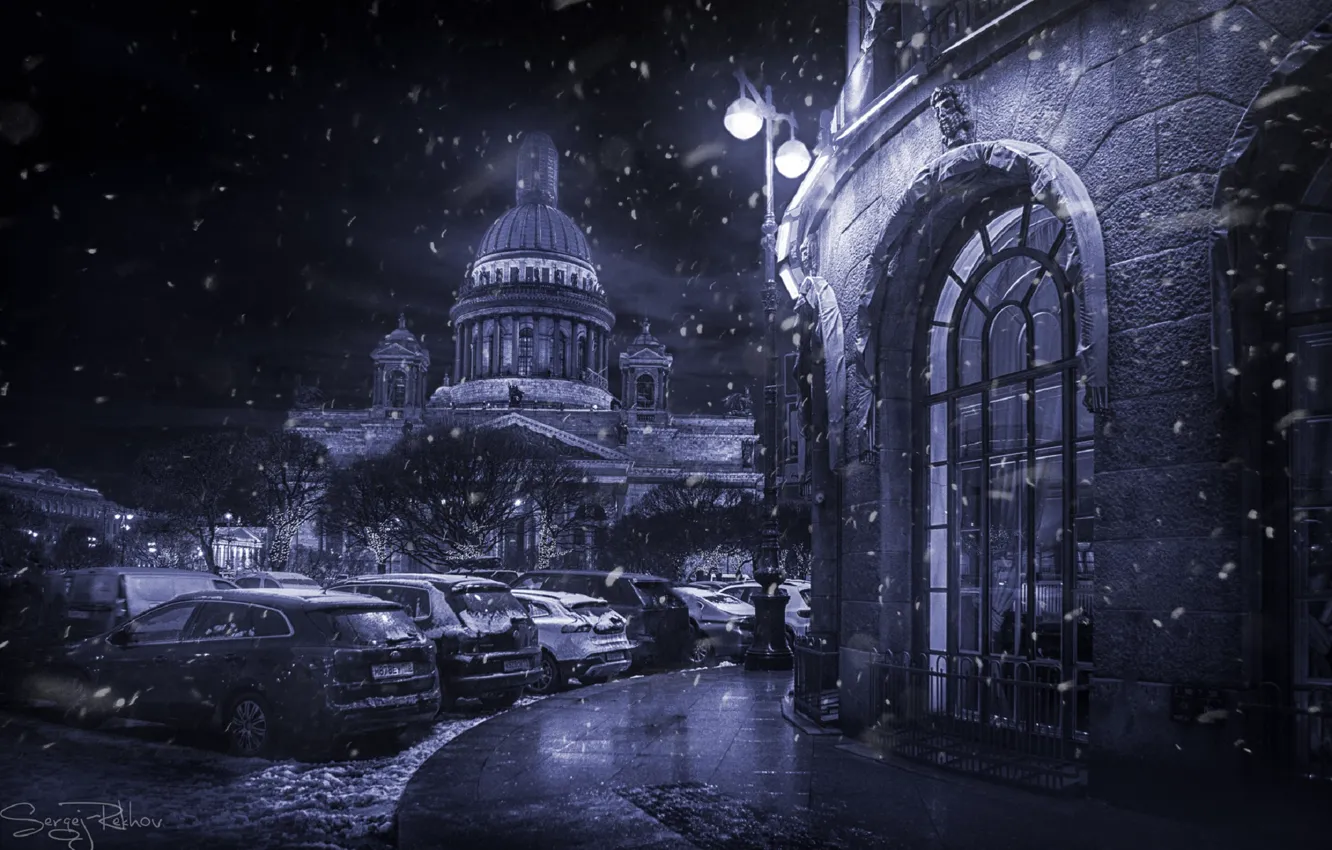Photo wallpaper winter, auto, snow, night, the city, street, lights, Saint Petersburg