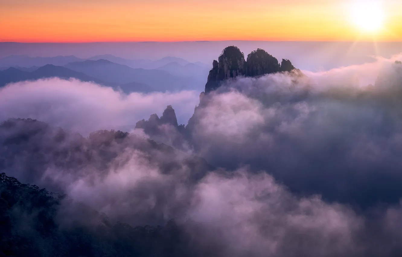 Photo wallpaper clouds, sunset, mountains, China, Anhui, Huangshan