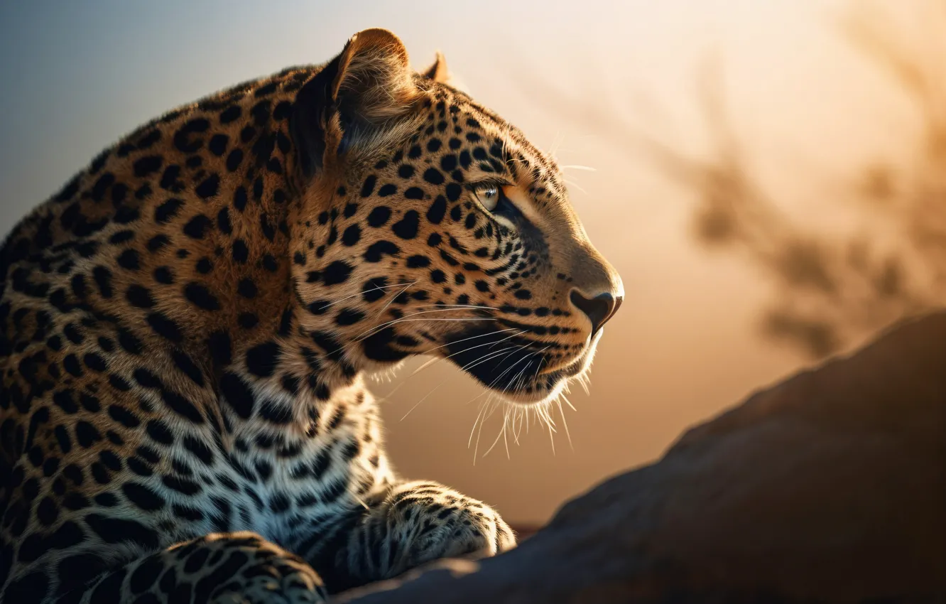 Photo wallpaper look, face, predator, leopard, side, big cat, spotted, digital art