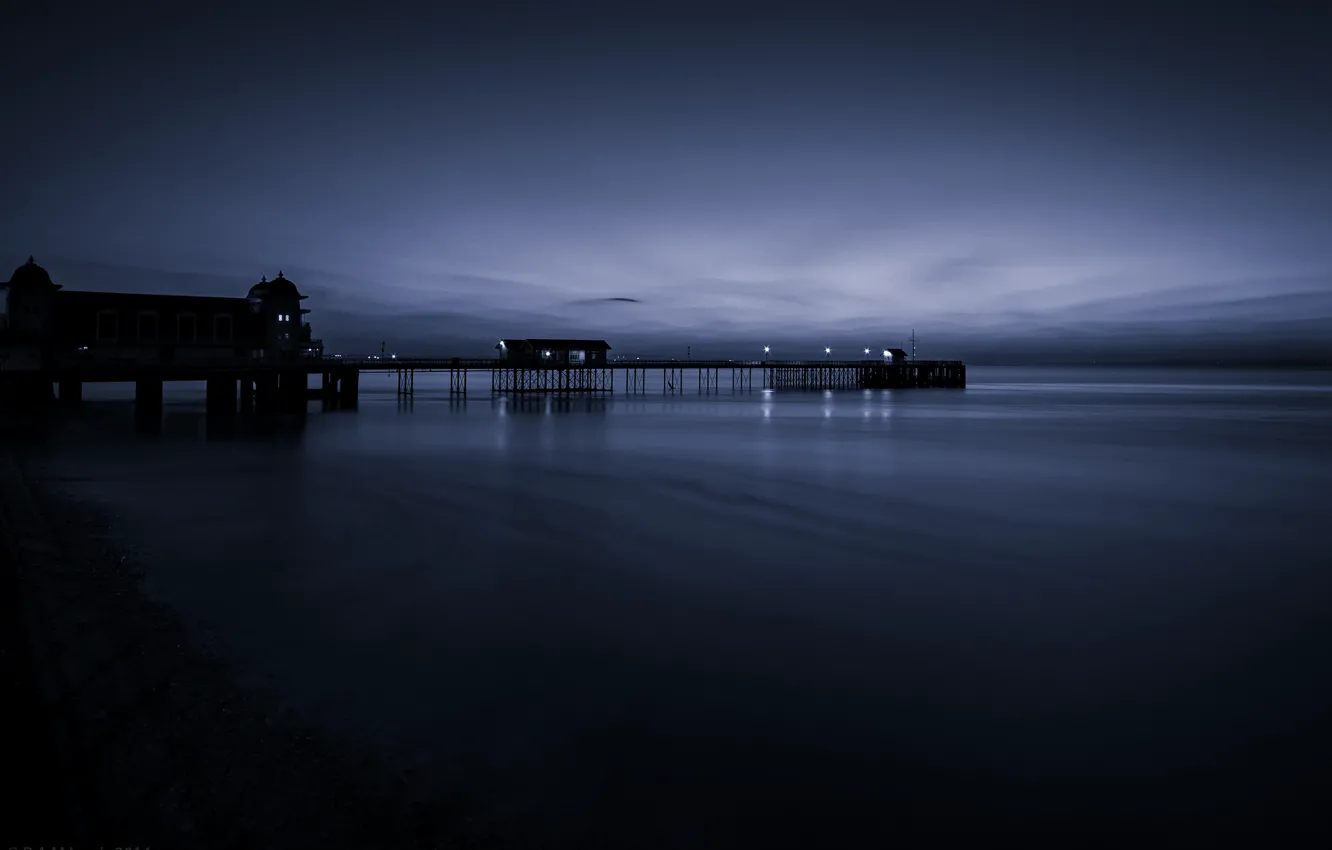 Photo wallpaper sea, lights, shore, pierce, calm, twilight