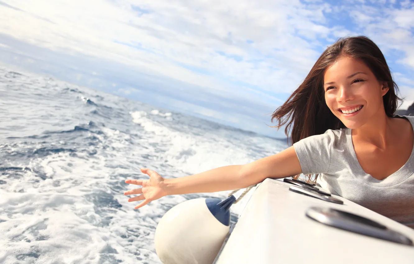 Photo wallpaper sea, girl, smile, the wind, yacht