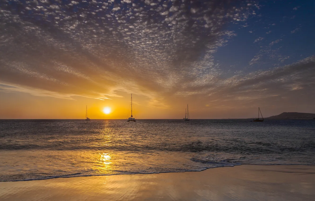 Photo wallpaper sea, sunset, boat