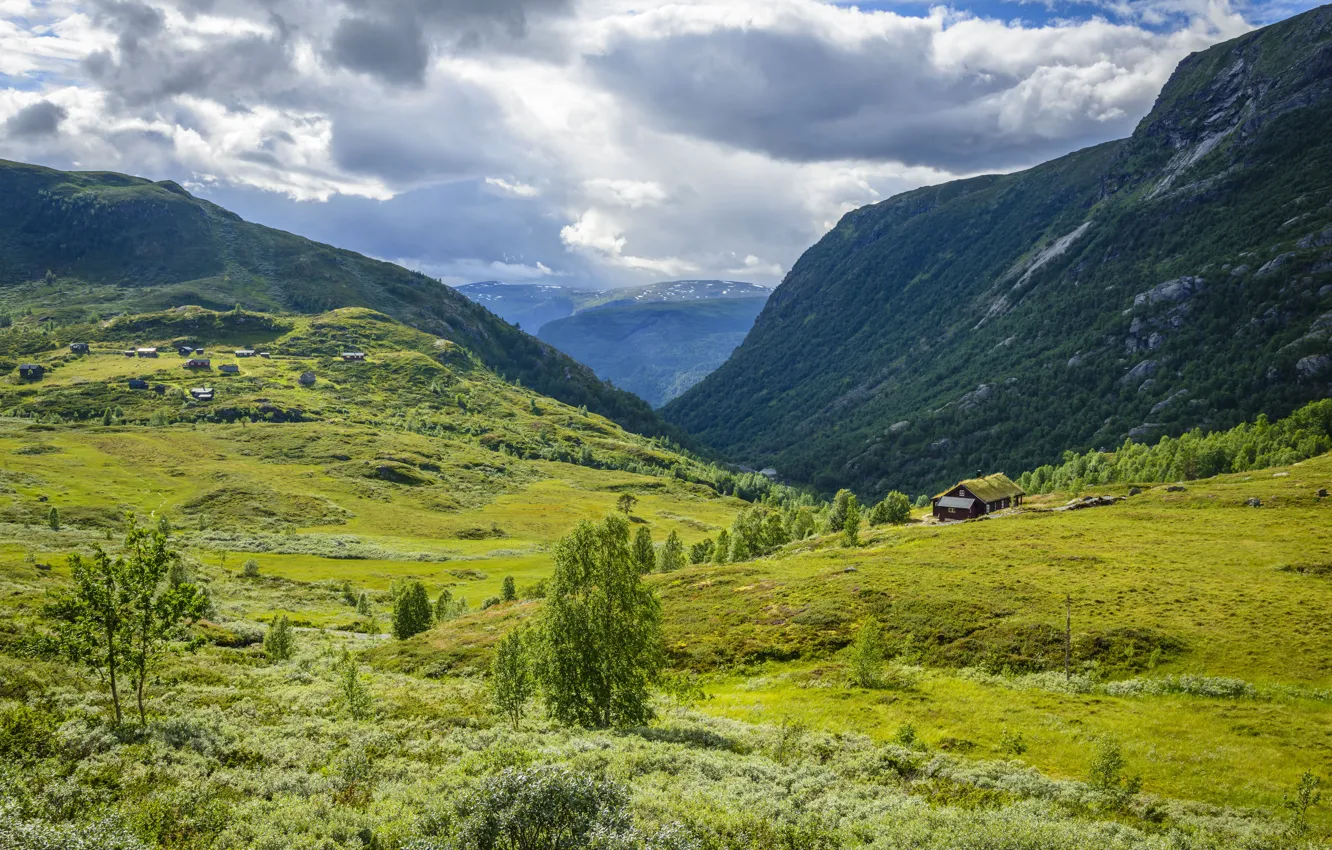 Photo wallpaper Nature, Clouds, Meadows, Mountains, Norway, Tindevegen