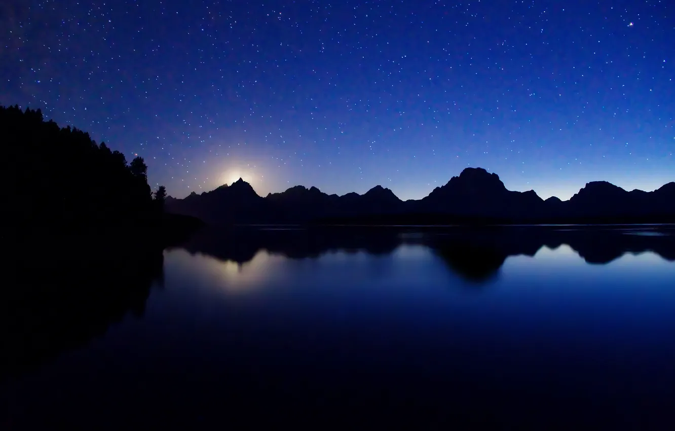 Photo wallpaper stars, light, mountains, night, lake, the moon, Jackson
