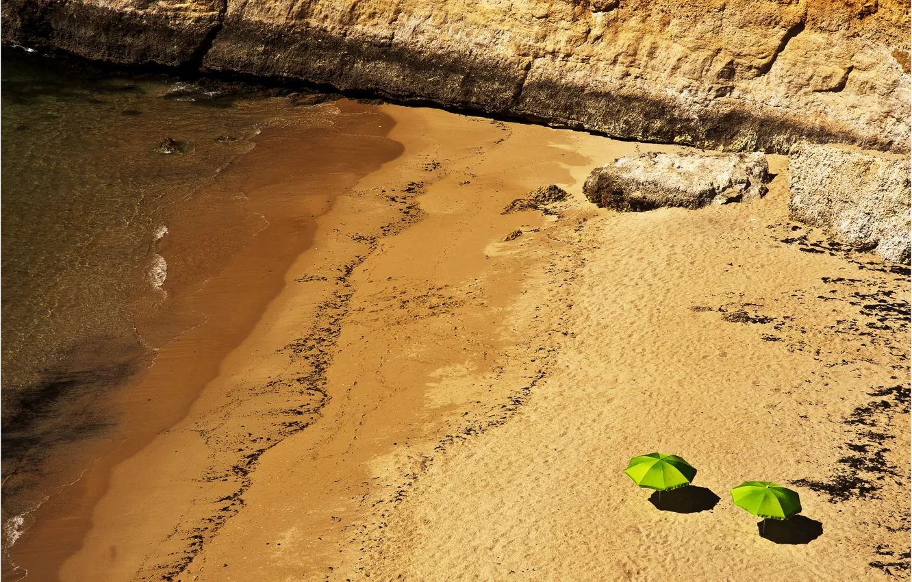 Photo wallpaper sand, sea, beach, landscape, rocks, umbrella