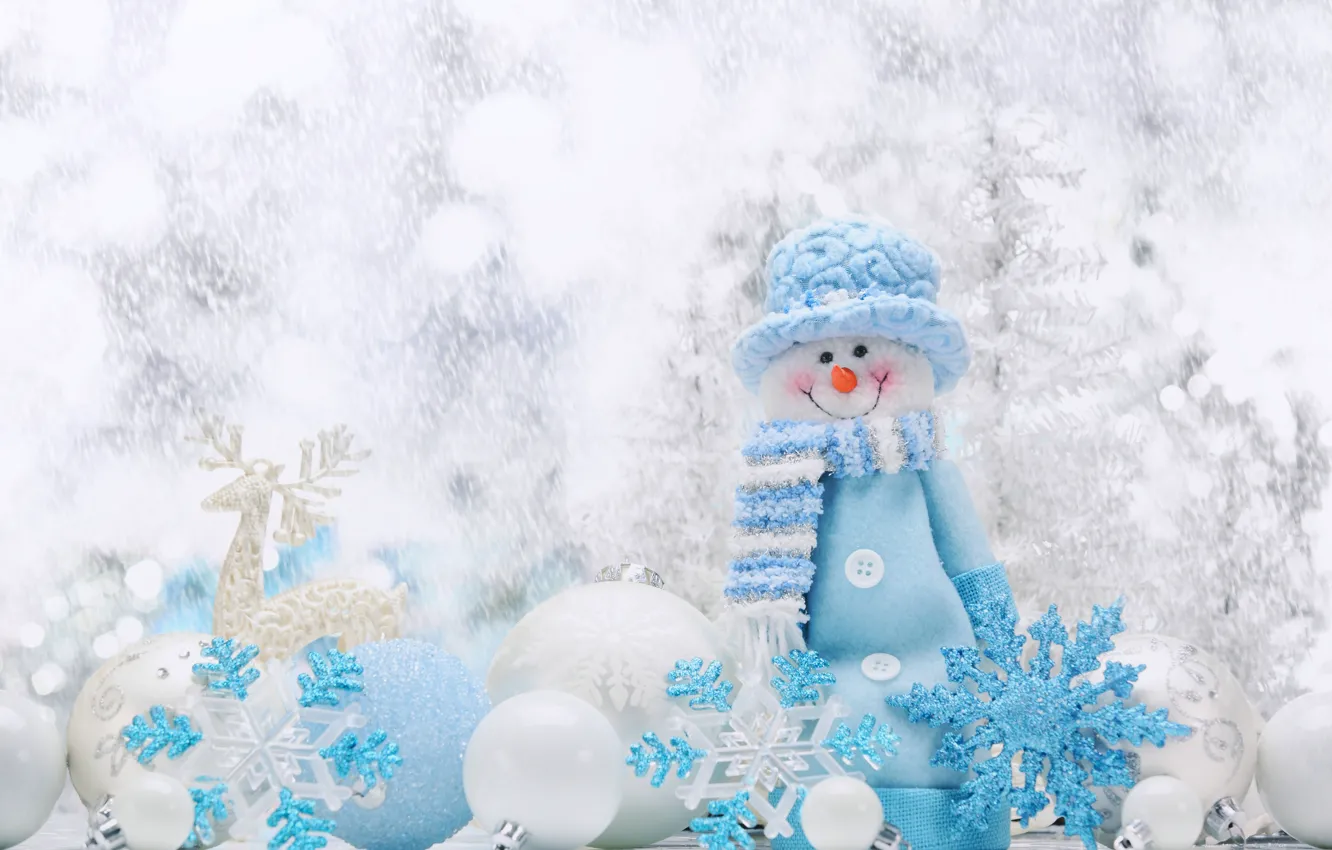Photo wallpaper Balls, Snowflakes, New year, Holiday, Snowman