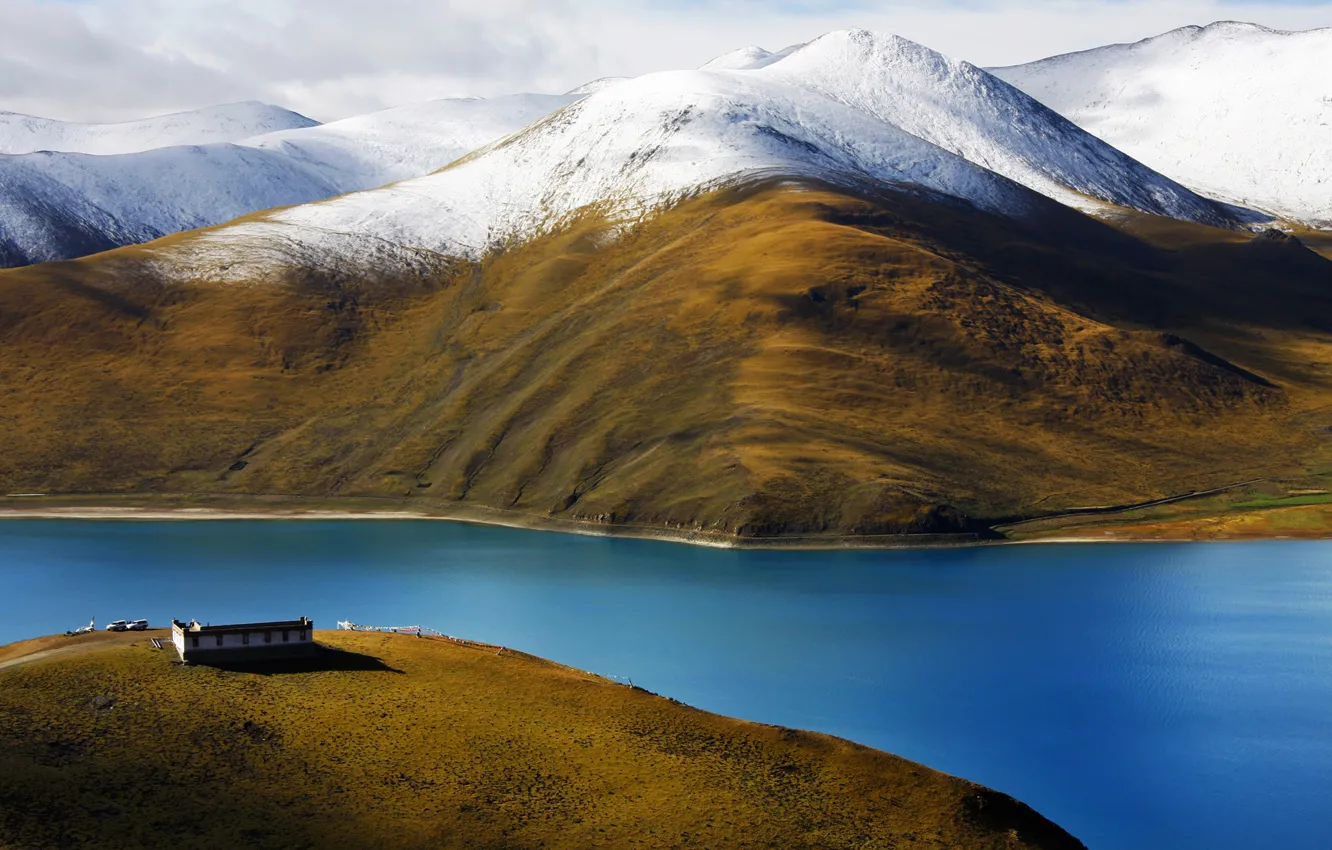 Photo wallpaper mountains, house, river, Tibet