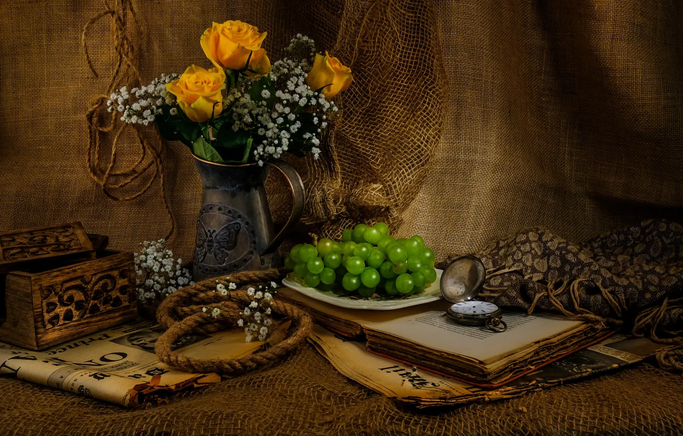 Photo wallpaper flowers, network, roses, bouquet, grapes, box, book, vase