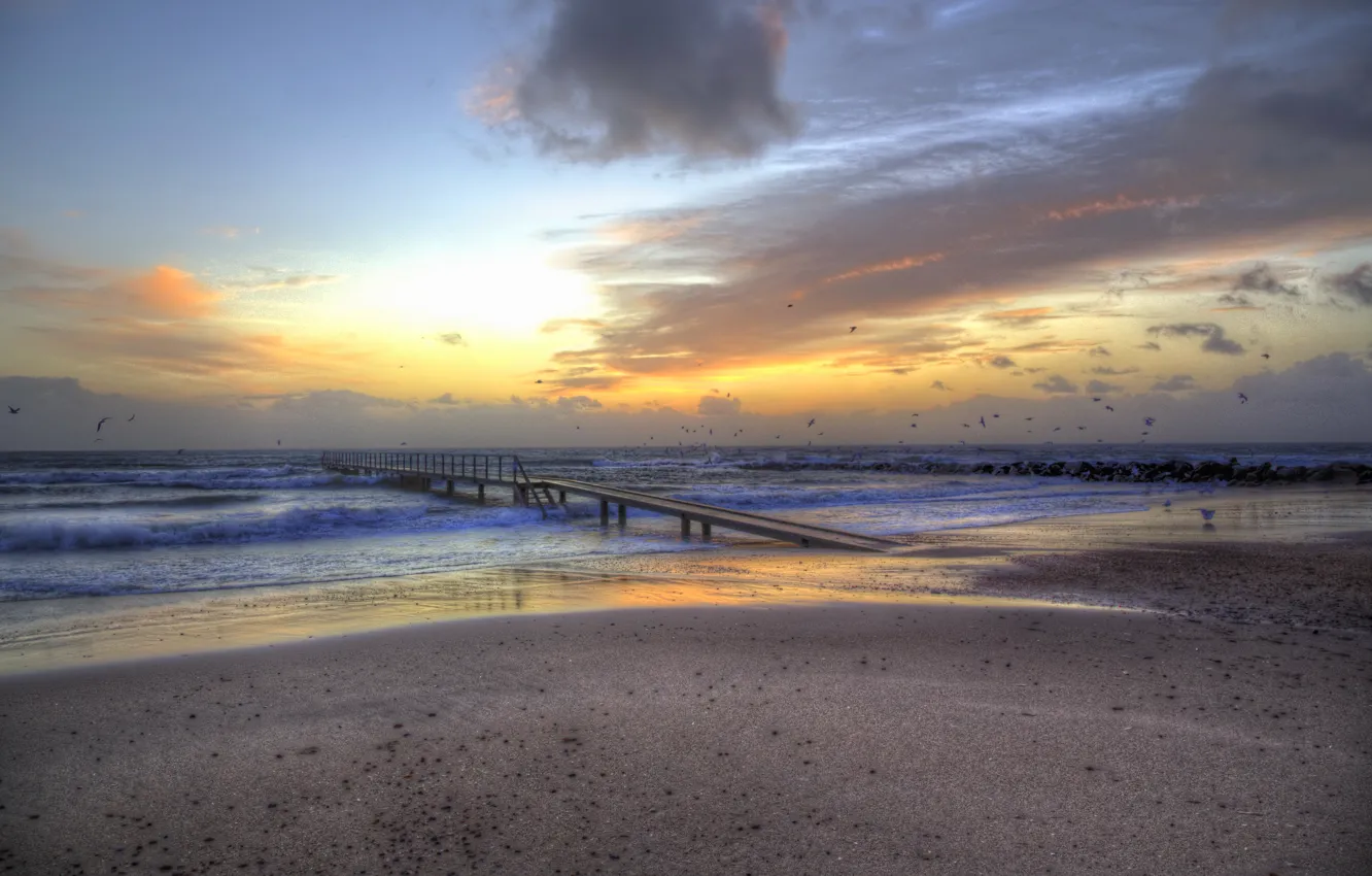 Photo wallpaper sea, sunset, bridge, shore