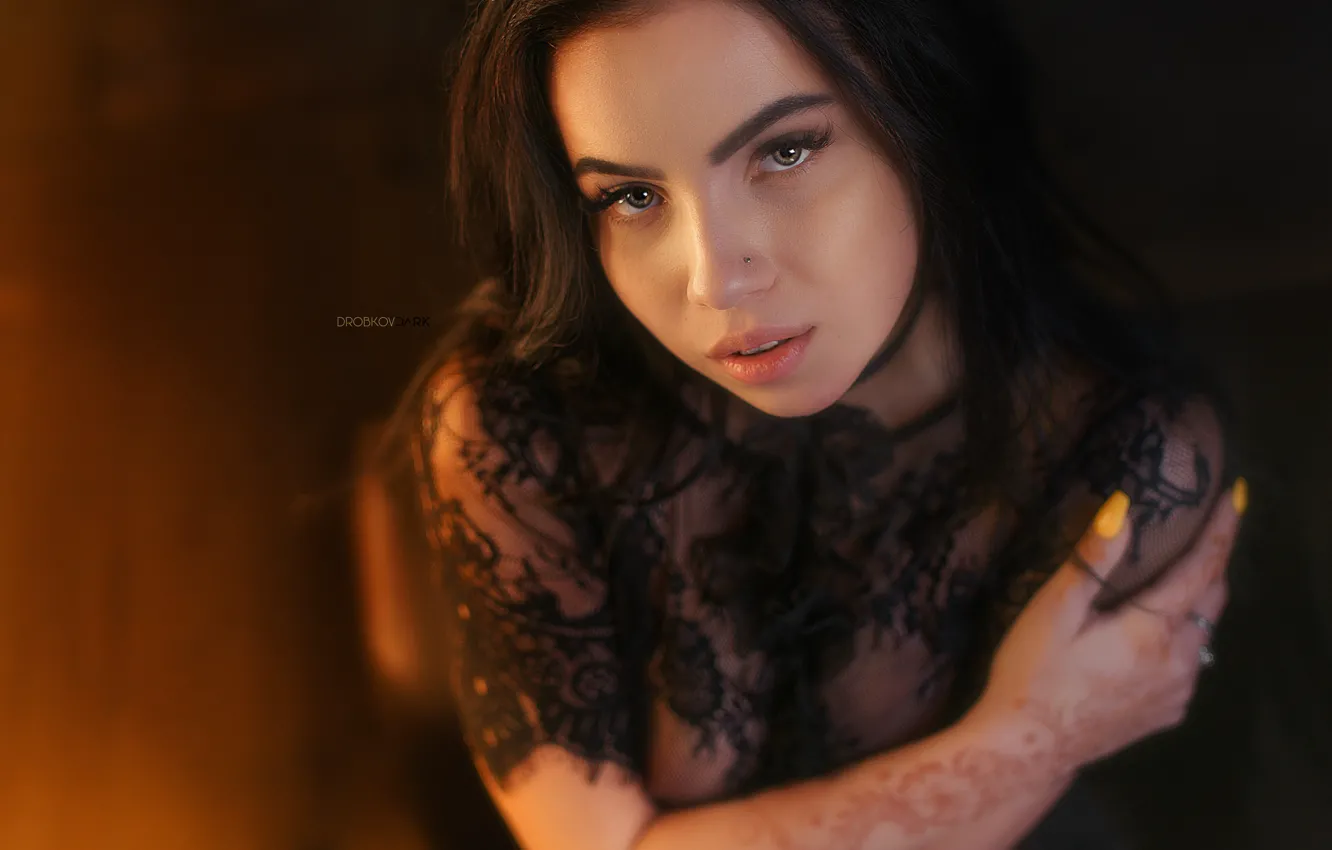 Photo wallpaper look, girl, hair, brunette, shoulders, Angelina Sorokina, Alexander Drobkov-Dark