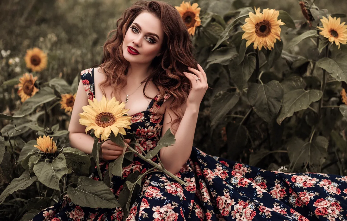 Photo wallpaper look, sunflowers, nature, pose, model, portrait, makeup, dress