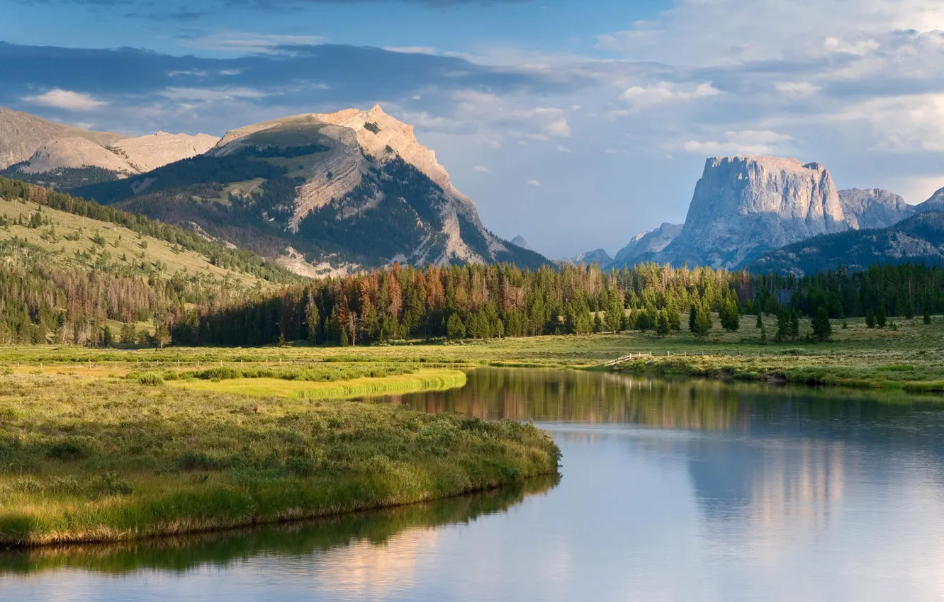 Photo wallpaper trees, mountains, lake, meadow