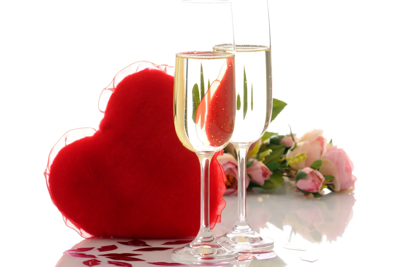 Photo wallpaper photo, heart, glass, food, roses, champagne, Valentine's day, different
