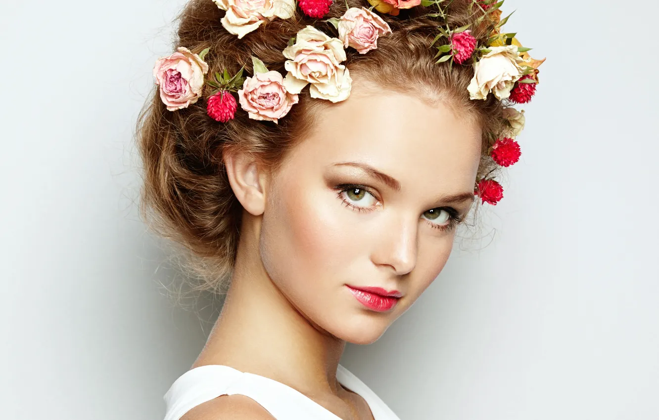Photo wallpaper girl, flowers, hair, spring, makeup, beautiful