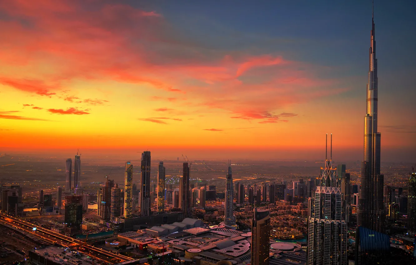 Photo wallpaper sunset, building, panorama, Dubai, skyscrapers, UAE, UAE, Dubai Dubai
