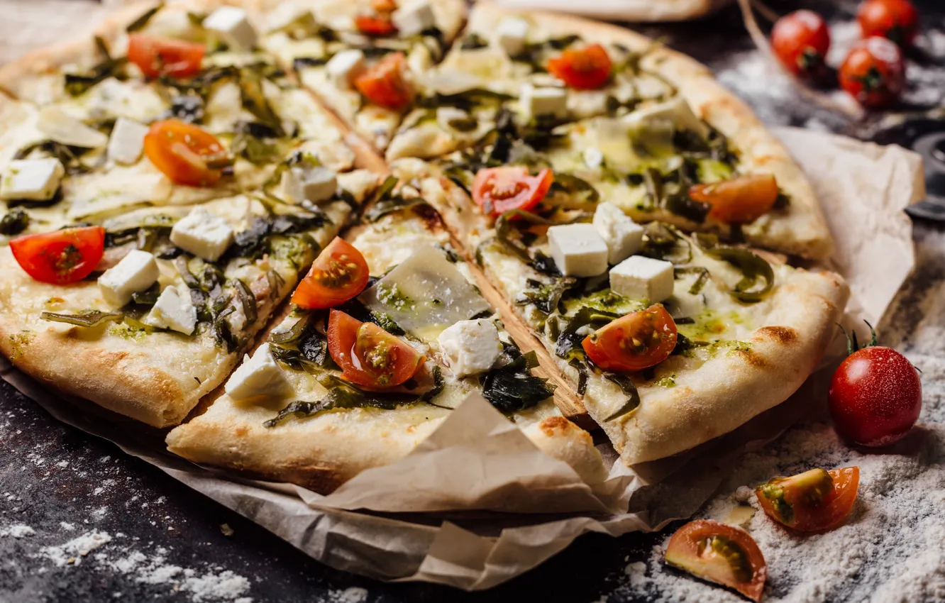 Photo wallpaper food, pieces, vegetables, pizza, tomatoes, flour, the dough, feta cheese