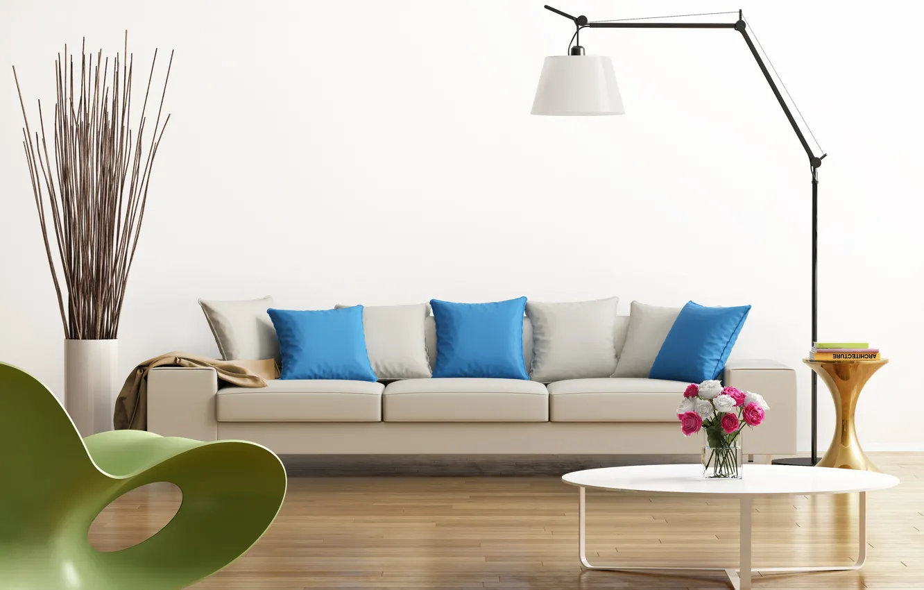 Photo wallpaper design, green, grey, blue, interior, chair, pillow, table
