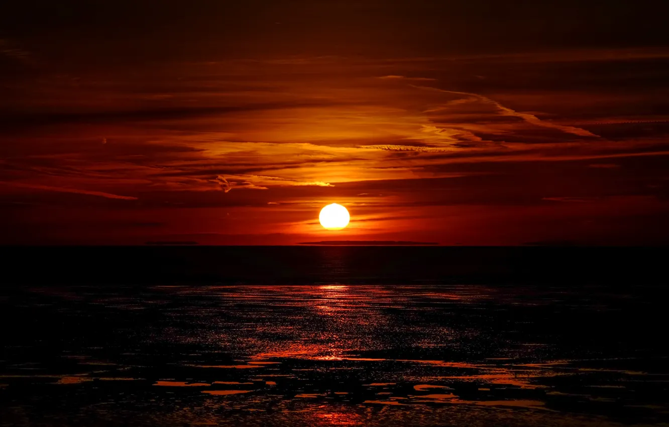 Photo wallpaper sea, the sun, clouds, sunset, glow