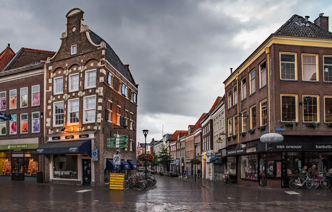 Photo wallpaper road, clouds, bike, overcast, street, home, Netherlands, Zwolle