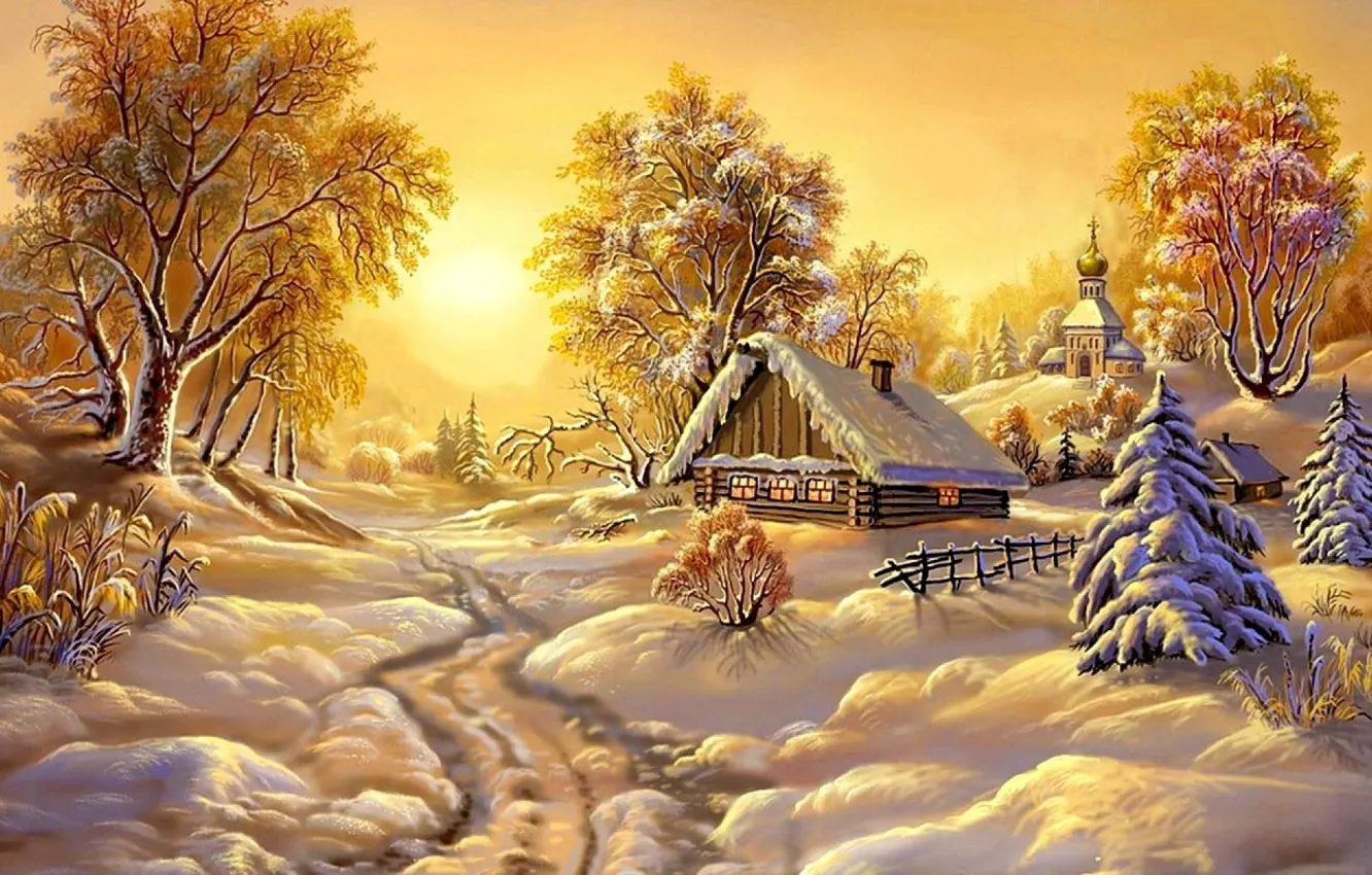 Photo wallpaper landscape, winter, snow, painting, hut