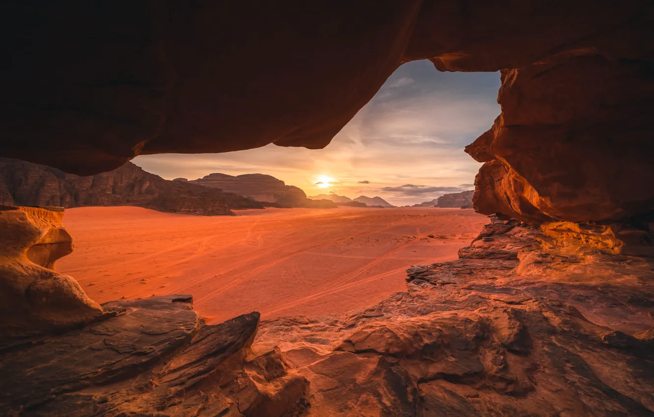 Photo wallpaper the sun, sunset, stones, rocks, desert, view, dal, cave