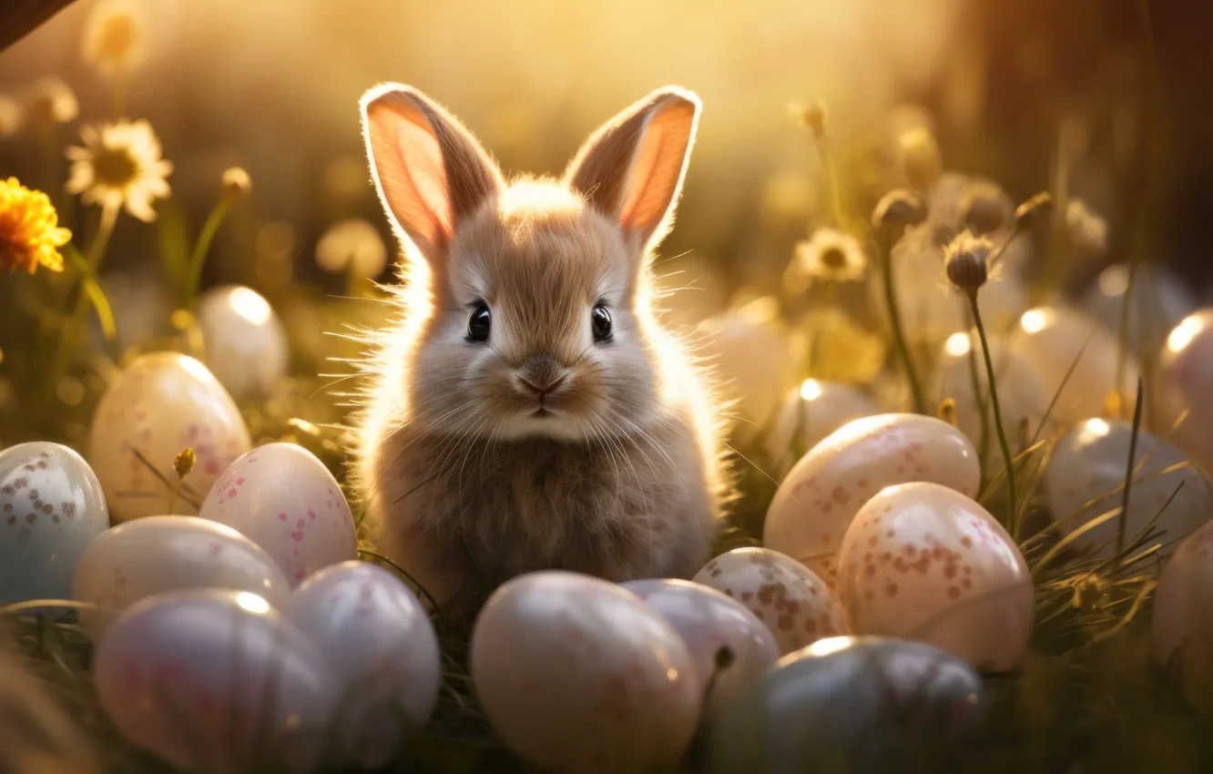 Photo wallpaper look, light, flowers, nature, holiday, glade, hare, eggs