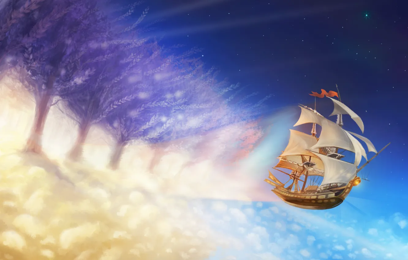 Photo wallpaper clouds, light, trees, flight, figure, ship, sailboat