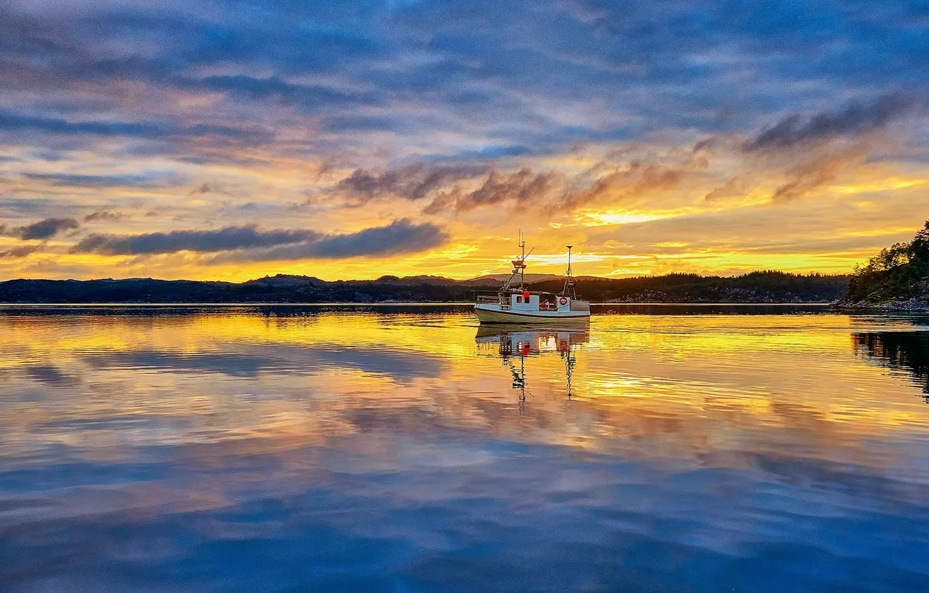 Photo wallpaper clouds, morning, sunrise, dawn, Norway, boat, Vestlandet, Rogaland