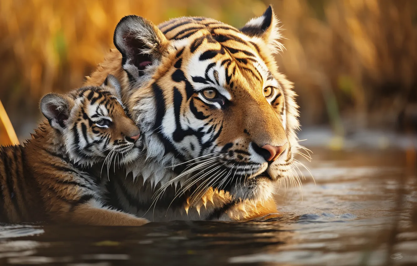 Photo wallpaper Water, Look, Kitty, Cub, Two, Digital art, Big cat, Tigers