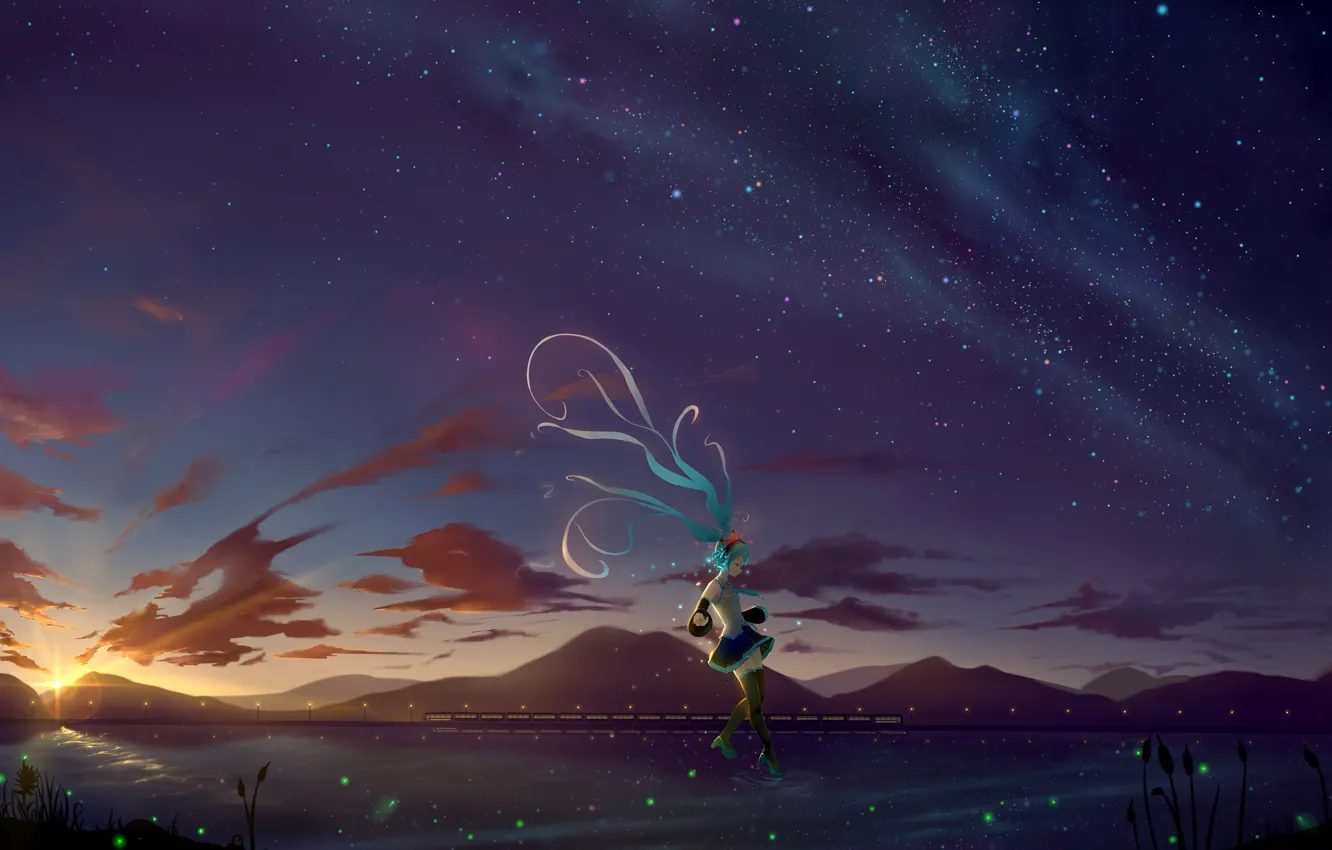 Wallpaper girl, night, the wind, Hatsune Miku, Vocaloid, Vocaloid, long ...